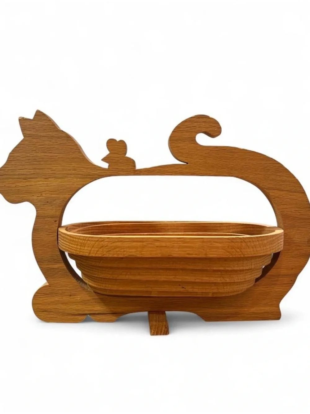 Authentic Pear Tree Wooden Cat & Mouse Collapsible Basket Folding Wood Bowl